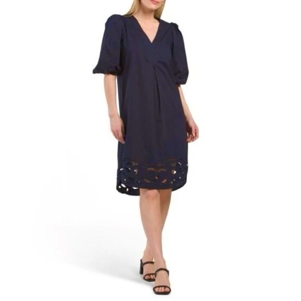 NEW FOR CYNTHIA Knee Length Dress size XL Navy Blue Puff Sleeve V-neck Embroider